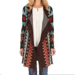 Back in the‎ Saddle Aztec Open Front Cardigan With Fringe Size Small
